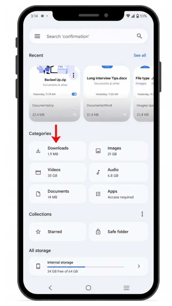 Android file manager interface displaying storage usage breakdown with 34 GB free of 64 GB internal storage and app backup status, including recent documents and zip files.
