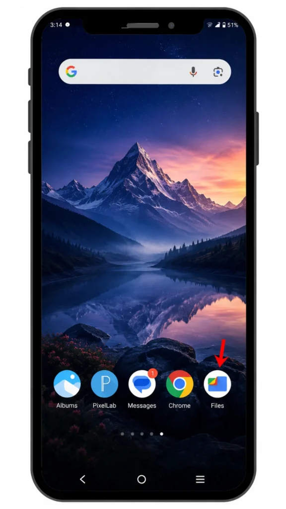Screenshot of an Android smartphone home screen displaying the TeraBox app icon alongside PixelLab, Messages, Chrome, and Files app shortcuts.