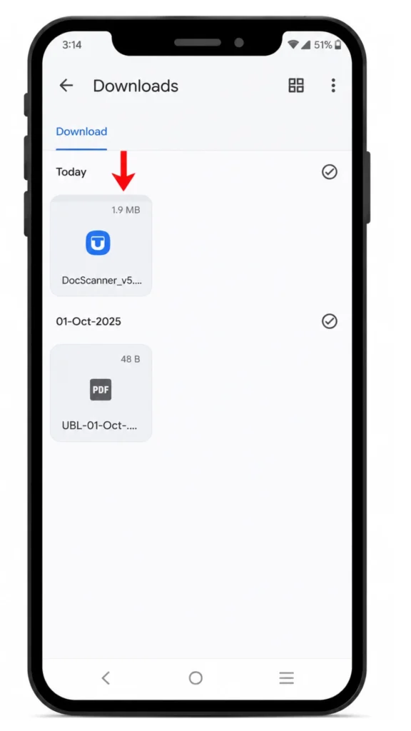  Screenshot of the Downloads folder inside the Android Files app showing a list of downloaded files with file sizes and dates.
