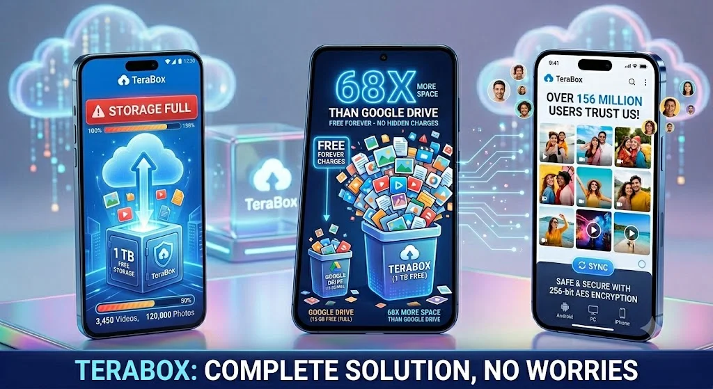 TeraBox promotional banner highlighting 1TB free storage forever, 256-bit AES encryption, and 68x more space than Google Drive with 156 million users trust.