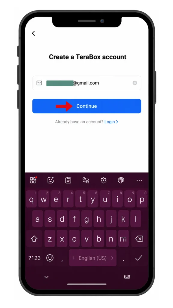 TeraBox sign-up interface asking for email address to create a new account, with on-screen keyboard and English language selection.