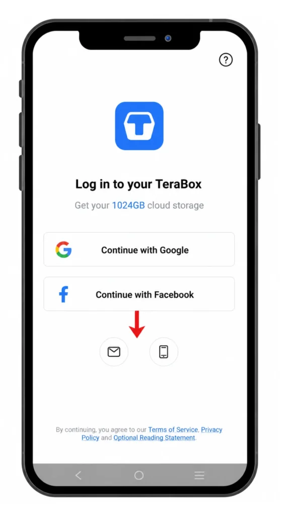 TeraBox app sign-in screen showing promotional banner for 1024GB storage and third-party authentication via Google and Facebook.
