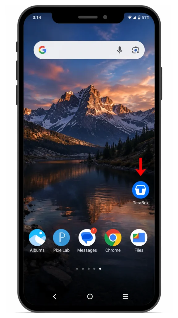 Close-up view of the TeraBox app icon on an Android home screen, sitting next to other app icons and a folder.
