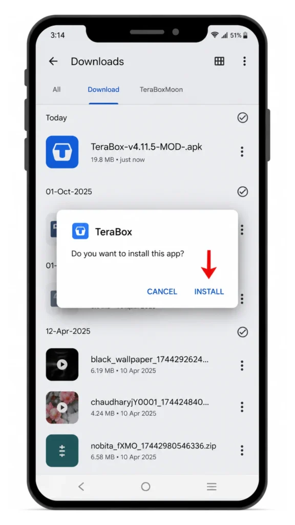 Android download manager screen showing TeraBox-v4.22.9-MOD-.apk file downloaded along with the system installation confirmation popup for the app.