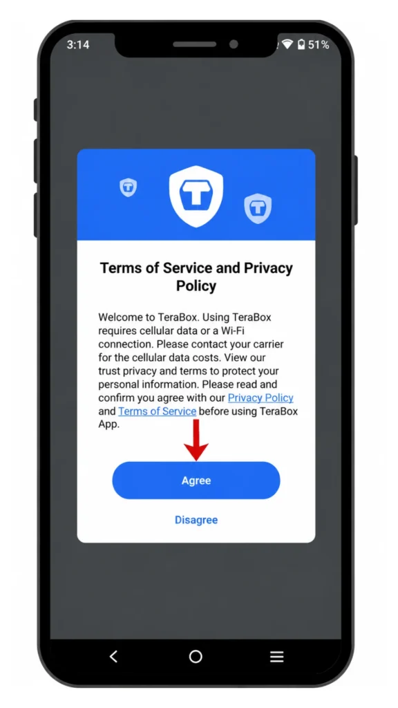Mobile app screen displaying TeraBox Terms of Service and Privacy Policy, requiring user agreement to proceed with app usage, with Agree and Disagree buttons.