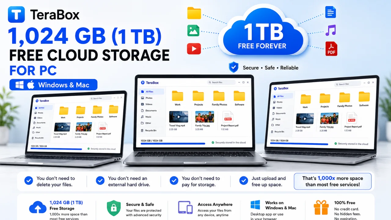 TeraBox offers 1,024 GB (1 TB) of free cloud storage for PC, Windows, and Mac. Securely access your files from anywhere, no credit card required, with no hidden fees or expiration.