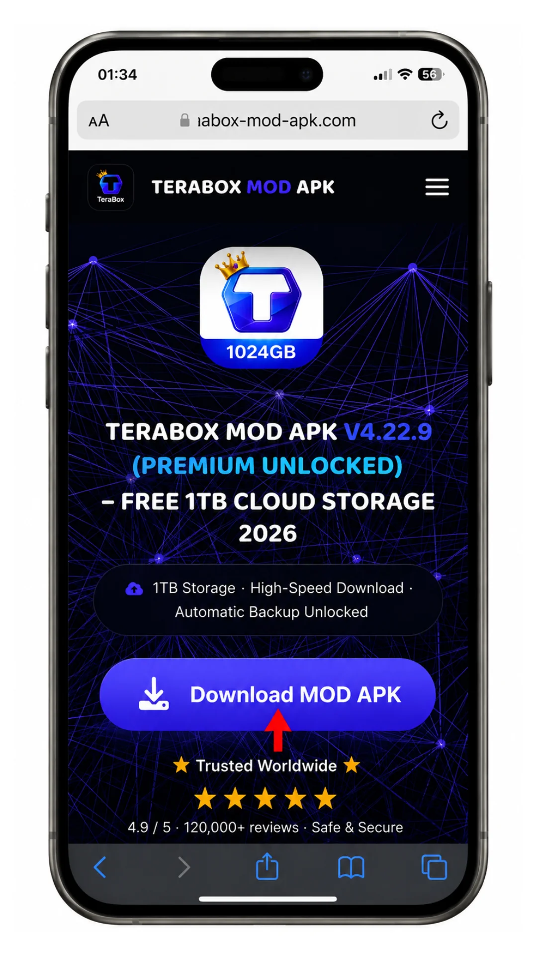 TeraBox MOD APK download screen for Android showing 1TB storage and premium unlocked features, not applicable for iOS users.