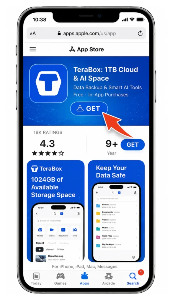 TeraBox iOS app interface on iPhone showing storage usage for Photos, Documents, Videos, Music, and Work Files with file dates.