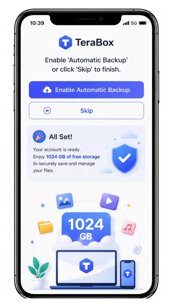TeraBox iOS app welcome screen on iPhone offering Enable Automatic Backup or Skip, displaying 1024GB free storage ready for use.