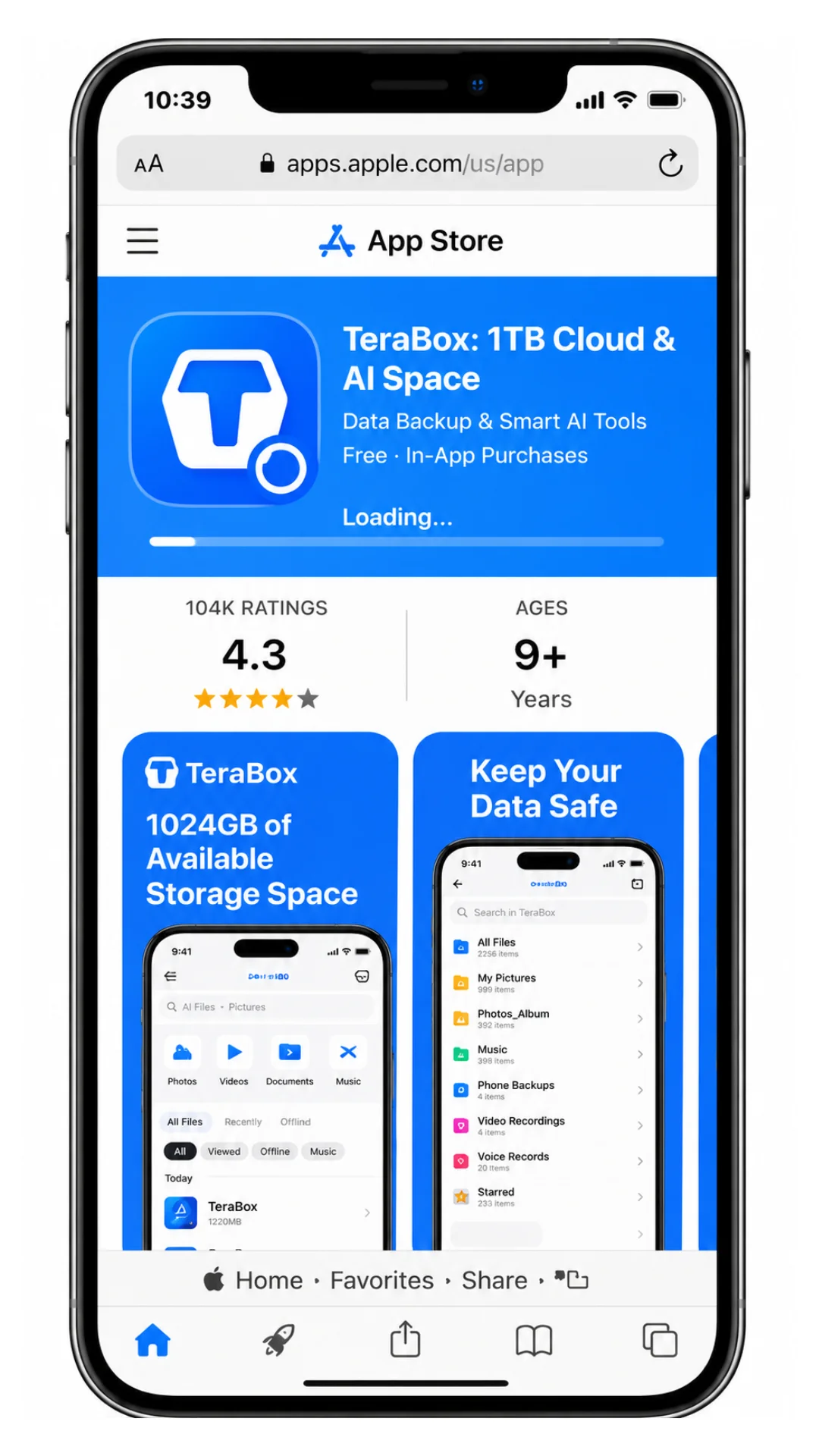 TeraBox iOS app file manager screen displaying folders like Photos, Videos, Documents, Music, All Files, and Recently Viewed on iPhone.
