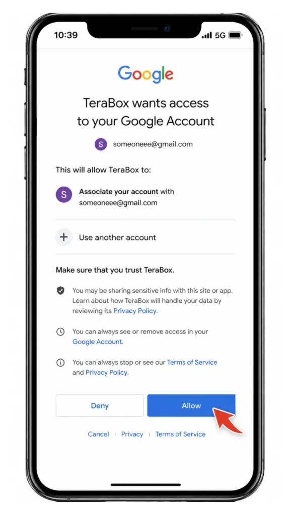 iOS Google account permission screen for TeraBox app asking to associate Gmail account, with Allow and Deny options on iPhone.