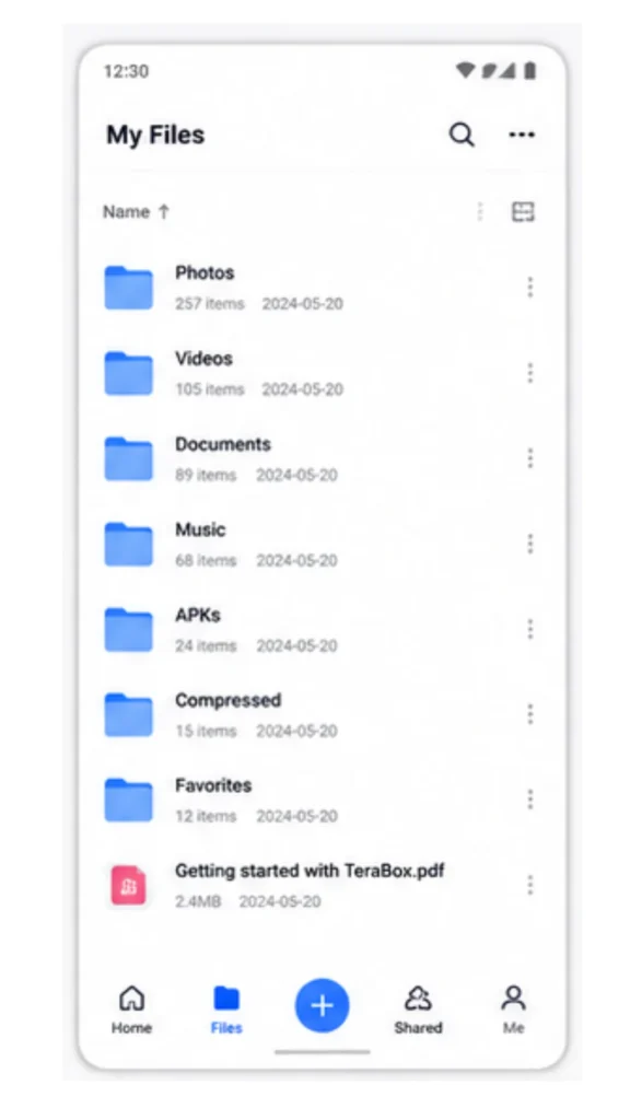 TeraBox MOD APK 12 TeraBox My Files screen showing folders like Photos (257 items), Videos (105 items), Documents (89 items), Music, APKs, Compressed, and Favorites with file dates.