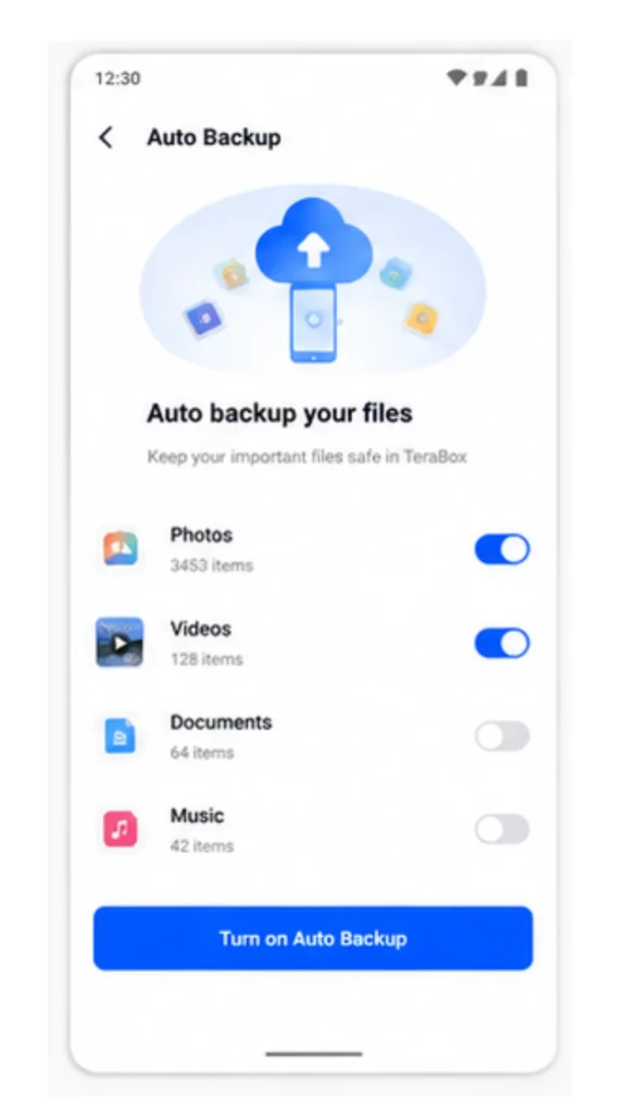 TeraBox MOD APK 7 TeraBox Auto Backup settings screen displaying file counts - Photos 3453 items, Videos 128 items, Documents 64 items, Music 42 items, with Turn on Auto Backup button.