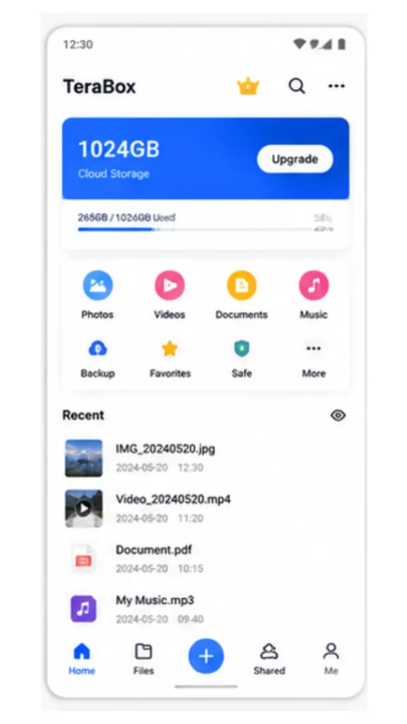 TeraBox MOD APK 13 TeraBox main dashboard displaying 1024GB total cloud storage, 265GB used space, file categories like Photos and Videos, and recent files including IMG_20240520.jpg and Video_20240520.mp4.