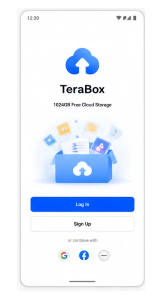 TeraBox MOD APK 14 TeraBox mobile app login screen showing options to Log In, Sign Up, and continue with social accounts for 1024GB free cloud storage.