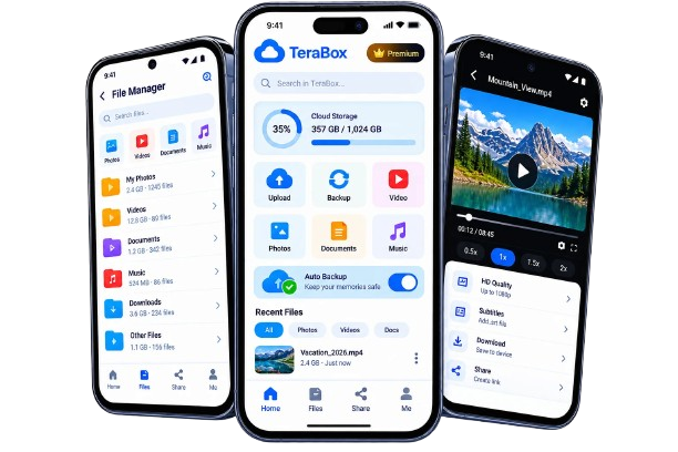 TeraBox MOD APK 3 TeraBox MOD APK 3 mobile mockup showing cloud storage, file manager, premium features and video player