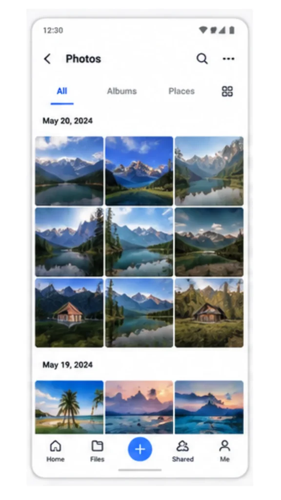 TeraBox MOD APK 9 TeraBox Photos section with tabs for All, Albums, and Places, showing images organized by date including May 20, 2024 and May 19, 2024.