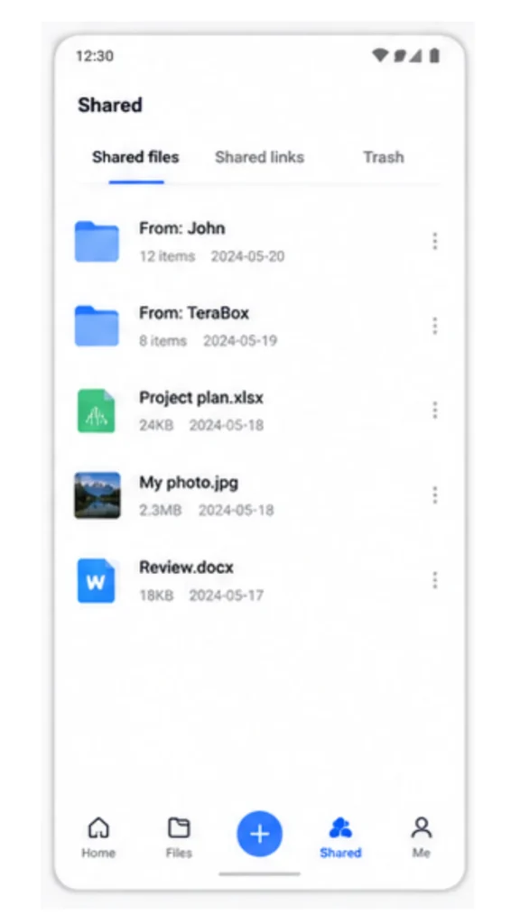 TeraBox MOD APK 8 TeraBox Shared screen showing shared files from John (12 items) and TeraBox (8 items), along with shared links, trash, and individual files like Project plan.xlsx and My photo.jpg.