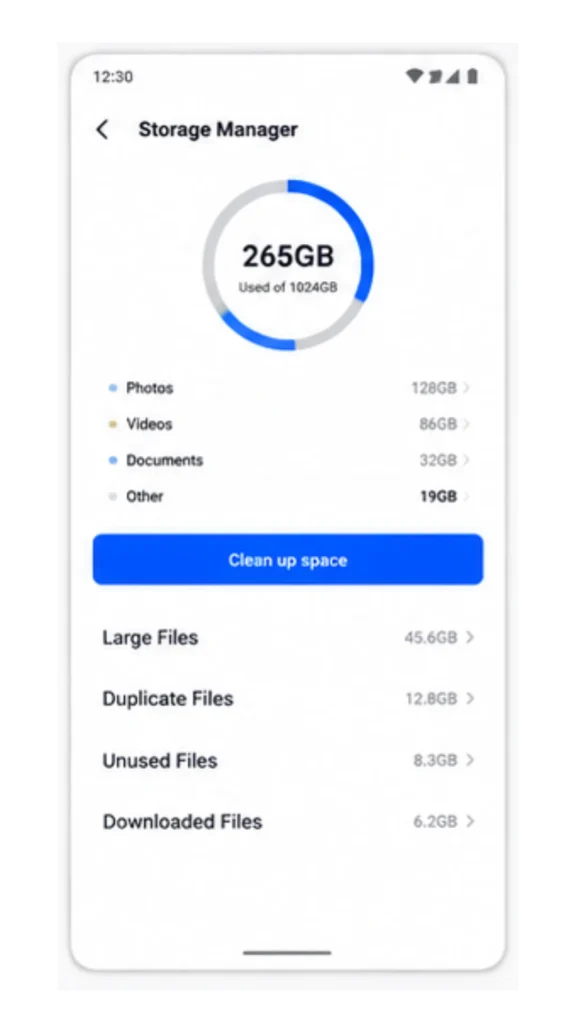 TeraBox MOD APK 5 TeraBox Storage Manager showing 265GB used of 1024GB, storage breakdown - Photos 128GB, Videos 86GB, Documents 32GB, Other 19GB, with Clean up space and large files, duplicate files, unused files, and downloaded files categories.
