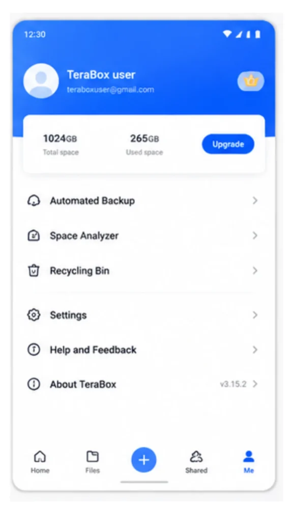 TeraBox MOD APK 6 TeraBox user profile screen for teraboxuser@gmail.com showing 1024GB total space, 265GB used space, Upgrade option, and menu items including Automated Backup, Space Analyzer, Recycling Bin, Settings, Help and Feedback, and About TeraBox version 3.15.2.