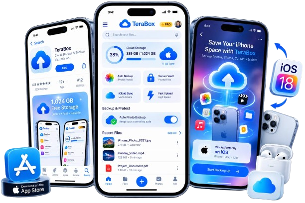 TeraBox iOS 3 TeraBox for iOS with 1TB free cloud storage, iPhone backup, photo backup, and file storage